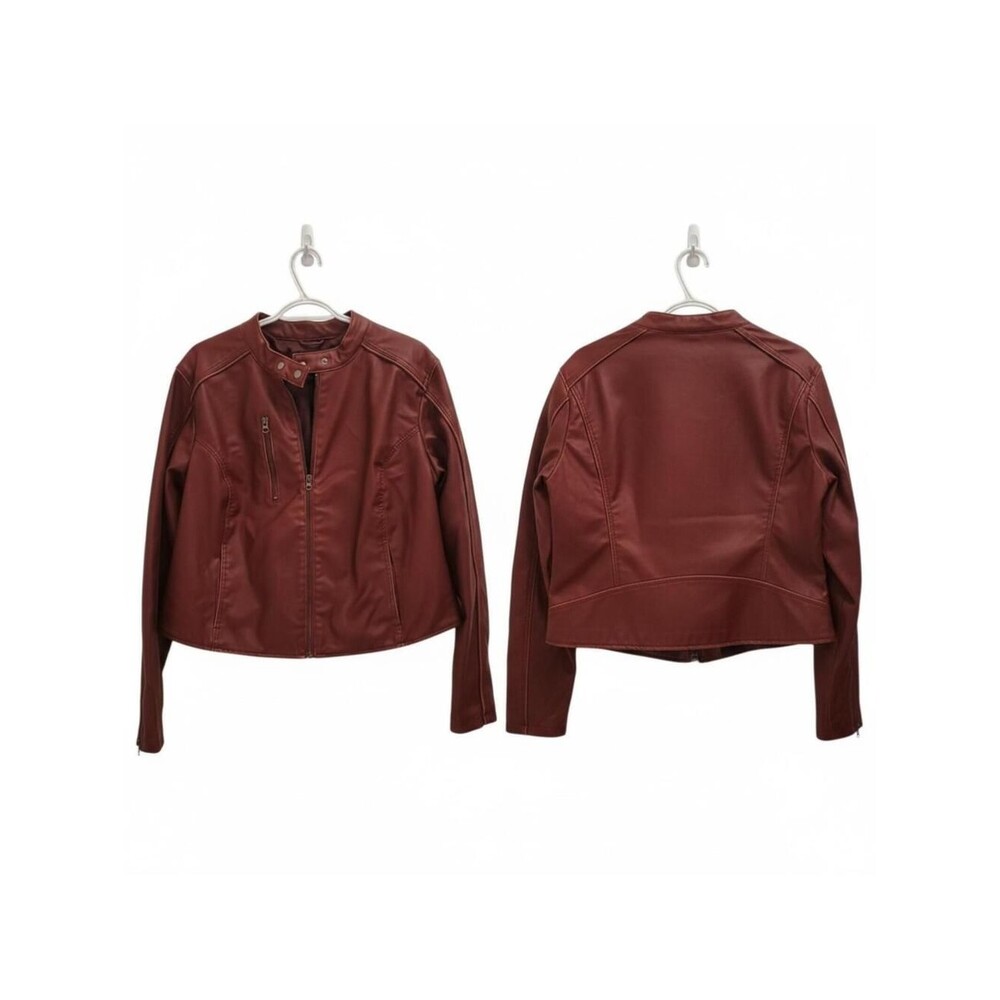 Burgundy Faux Leather Moto Jacket, Asymmetrical Zip Front, Biker Style